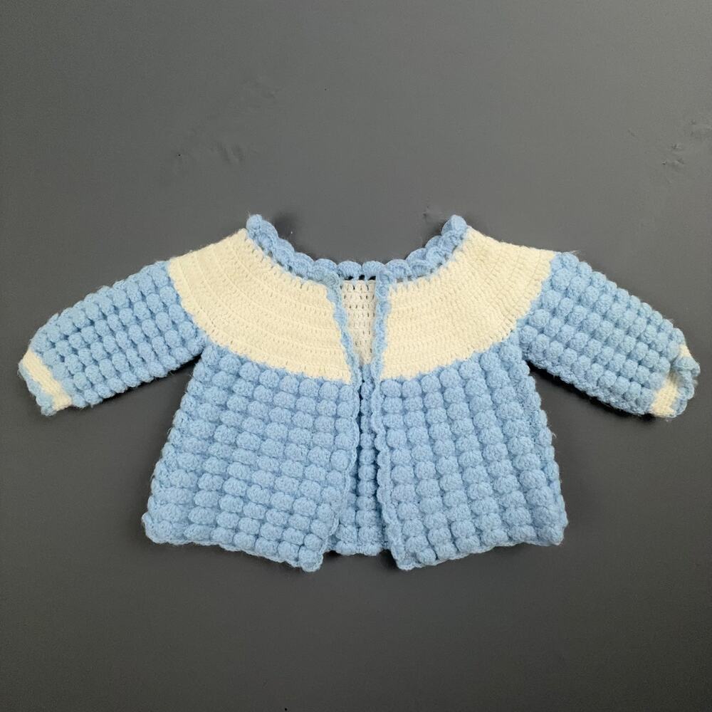 Vintage Hand Crocheted Baby Cardigan Blue White Bobble Knit Sweater